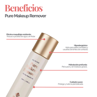 Botella de 100 ml de Pure Clear Lip & Eye Makeup Remover BL Lashes, envase transparente con etiqueta, sobre fondo blanco, concepto desmaquillante oil‑free seguro para extensiones