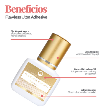 Adhesivo Flawless Ultra+ DLUX profesional secado‑rápido 1 seg retención 8‑9 semanas