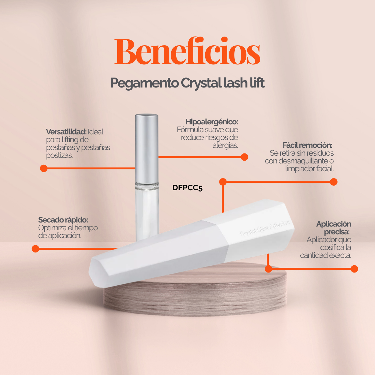 Adhesivo transparente Crystal de 5 ml para lifting de pestañas y laminación de cejas; no gotea, secado rápido, fijación precisa sobre pads de silicona, uso profesional DLUX.