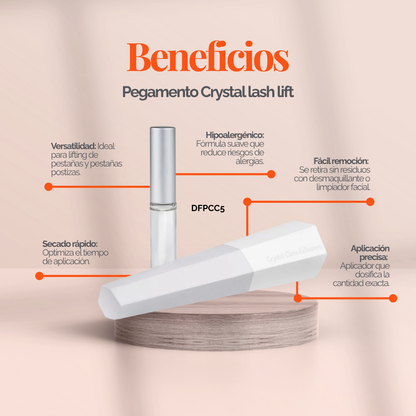 Adhesivo transparente Crystal de 5 ml para lifting de pestañas y laminación de cejas; no gotea, secado rápido, fijación precisa sobre pads de silicona, uso profesional DLUX.