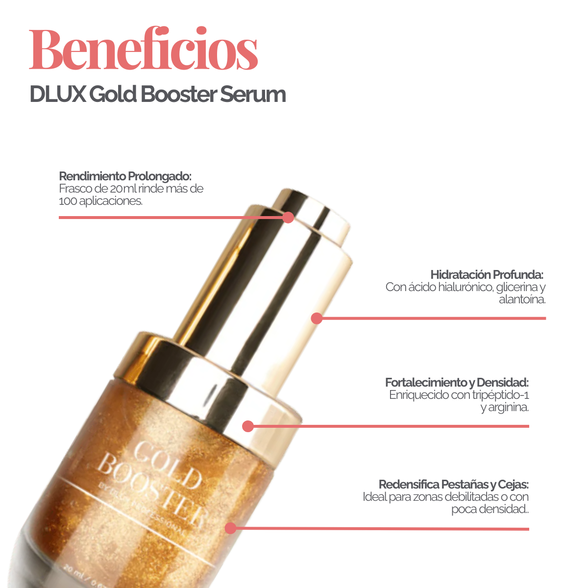 Gold Booster Serum DLUX Pro Suero Profesional para pestañas y cejas hidratación péptidos densidad post tratamiento alta gama