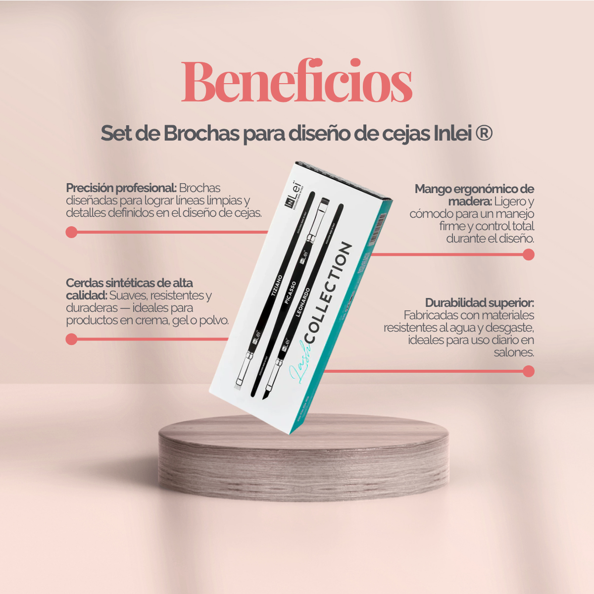 Set profesional InLei Brow Collection de 3 brochas – Rembrandt, Francisco, Michelangelo – diseño italiano, fibras sintéticas, mango de abedul, herramientas premium para cejas