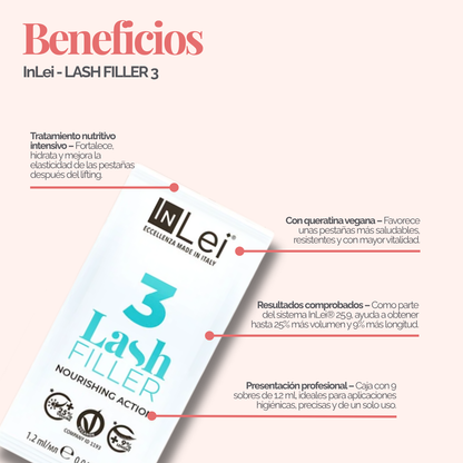 InLei Lash Filler 3 Paso 3 del sistema Lash Filler 25.9 en presentación de 9 sachets de 1.2 ml, tratamiento profesional con queratina vegetal para nutrir, rellenar y acondicionar pestañas durante protocolos profesionales de lash lifting y laminación.