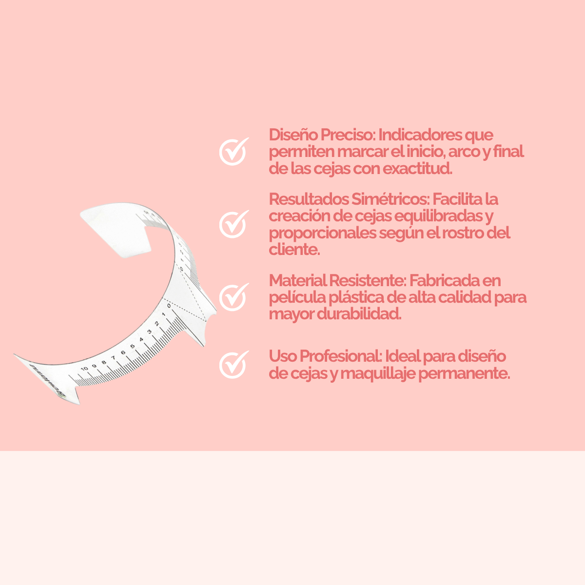 Regla para cejas con indicador, flexible y transparente, doble escala centrada para simetría profesional en diseño de cejas.