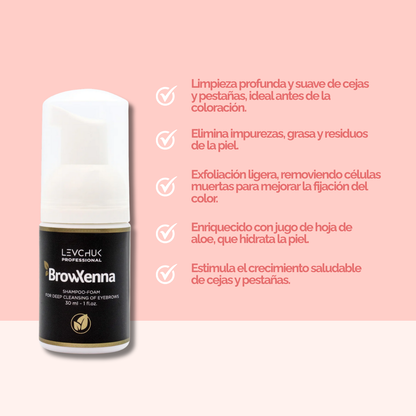 Frasco de BrowXenna Shampoo‑Foam, espuma limpiadora profunda para cejas y pestañas, ideal para pretratamiento antes de tintado y laminación.