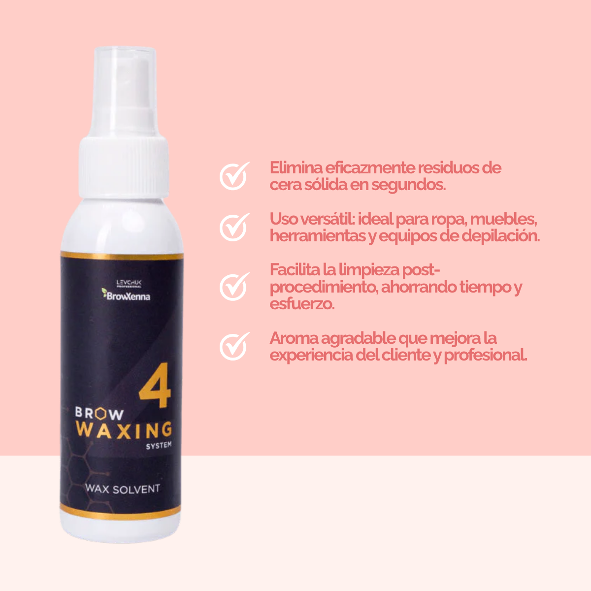Frasco de 100 ml de solvente BrowXenna Wax Solvent #4, solución rápida para eliminar residuos de cera sólida tras la depilación, ideal para acabados impecables en estudios profesionales.