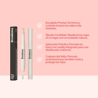 Cera Fijadora en Barra BrowXenna® con cepillo integrado aplicando fijación natural profesional en cejas