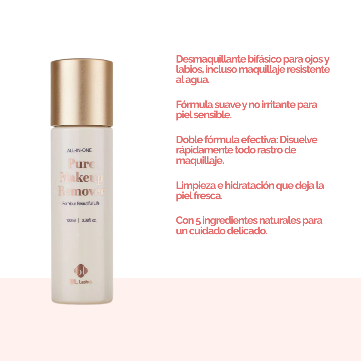 Botella de 100 ml de Pure Clear Lip & Eye Makeup Remover BL Lashes, envase transparente con etiqueta, sobre fondo blanco, concepto desmaquillante oil‑free seguro para extensiones