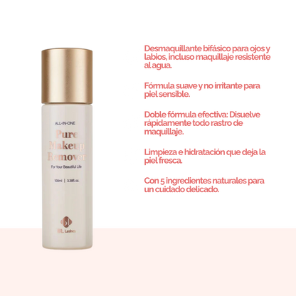 Botella de 100 ml de Pure Clear Lip & Eye Makeup Remover BL Lashes, envase transparente con etiqueta, sobre fondo blanco, concepto desmaquillante oil‑free seguro para extensiones