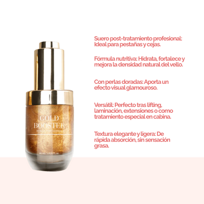 Gold Booster Serum DLUX Pro Suero Profesional para pestañas y cejas hidratación péptidos densidad post tratamiento alta gama