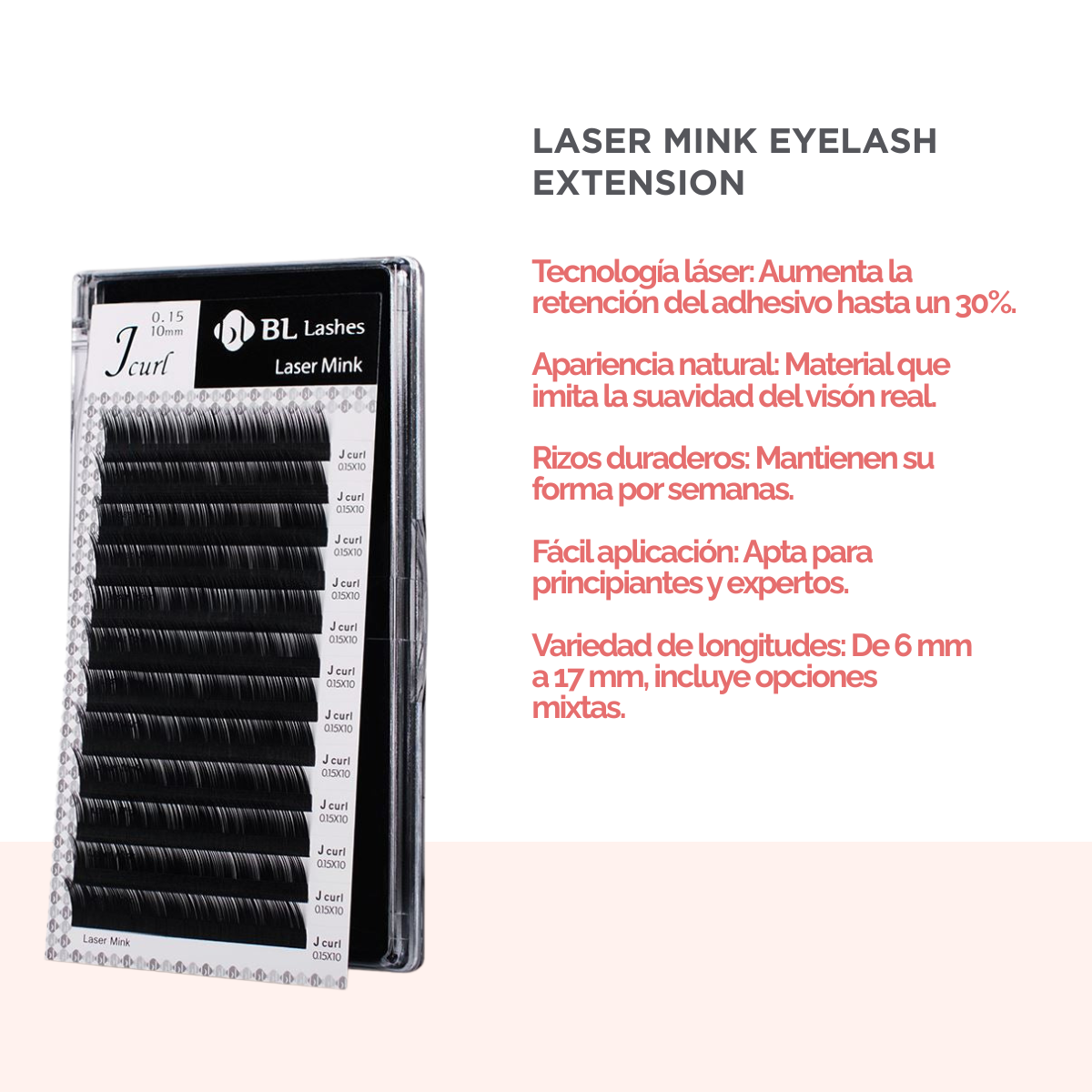 Extensiones LASER MINK LASHES VOLUMEN BL Lashes sobre fondo neutro, mostrando fibra premium mate, textura uniforme y ligereza avanzada, diseñadas para técnicos de pestañas profesionales y estudios de belleza especializados.