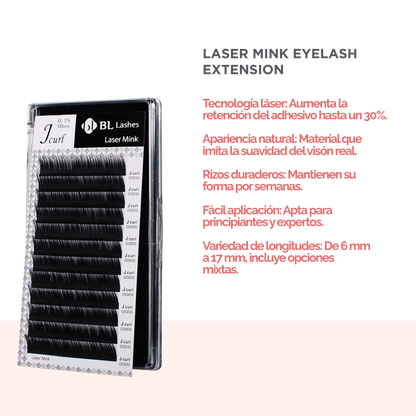 Extensiones LASER MINK LASHES VOLUMEN BL Lashes sobre fondo neutro, mostrando fibra premium mate, textura uniforme y ligereza avanzada, diseñadas para técnicos de pestañas profesionales y estudios de belleza especializados.