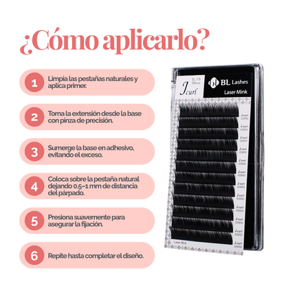 Extensiones LASER MINK LASHES VOLUMEN BL Lashes sobre fondo neutro, mostrando fibra premium mate, textura uniforme y ligereza avanzada, diseñadas para técnicos de pestañas profesionales y estudios de belleza especializados.