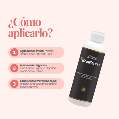 Two Phase Tonic BrowXenna 200 ml-solución bifásica profesional para eliminar henna y tintes de cejas de forma efectiva, suave e hidratante, ideal para preparaciones y correcciones en cabina.