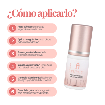 Adhesivo de extensiones de pestañas Purity Alpha Dlux Professional; envase negro de 3 ml/5 ml; destaca por secado ultra rápido, alta retención y fórmula profesional perfecta para volumen y mega volumen