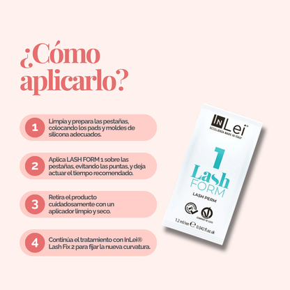 InLei Lash Form 1 Paso 1 Lash Filler 25.9 en presentación profesional de 9 sachets de 1.2 ml para lifting y laminación de pestañas, fórmula Vegan OK Made in Italy diseñada para técnicos, lashistas y estudios profesionales de belleza.
