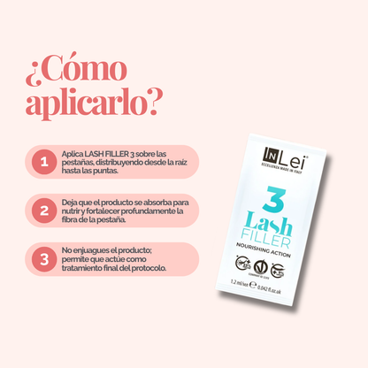 InLei Lash Filler 3 Paso 3 del sistema Lash Filler 25.9 en presentación de 9 sachets de 1.2 ml, tratamiento profesional con queratina vegetal para nutrir, rellenar y acondicionar pestañas durante protocolos profesionales de lash lifting y laminación.