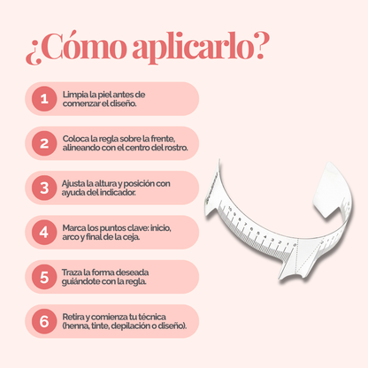 Regla para cejas con indicador, flexible y transparente, doble escala centrada para simetría profesional en diseño de cejas.
