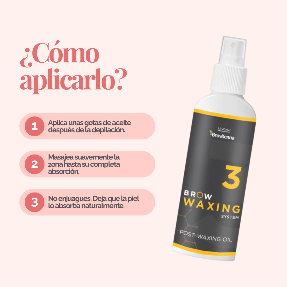 Frasco de aceite BrowXenna Post‑Waxing Oil #3 (100 ml), aceite post-depilación con lavanda, coco y mentol para hidratar, refrescar y limpiar la piel tras depilación de cejas.