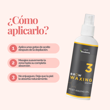 Frasco de aceite BrowXenna Post‑Waxing Oil #3 (100 ml), aceite post-depilación con lavanda, coco y mentol para hidratar, refrescar y limpiar la piel tras depilación de cejas.