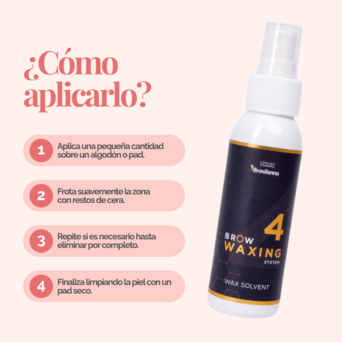 Frasco de 100 ml de solvente BrowXenna Wax Solvent #4, solución rápida para eliminar residuos de cera sólida tras la depilación, ideal para acabados impecables en estudios profesionales.