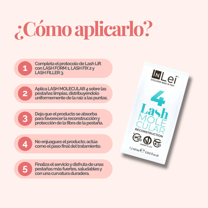 InLei Lash Molecular 4 Paso 4 Lash Filler 25.9 en presentación profesional de 9 sachets de 1.2 ml para reconstrucción molecular de pestañas y cejas, formulado con proteínas vegetales, quinoa y derivado de ácido hialurónico para aportar hidratación, fuerza, flexibilidad y brillo.