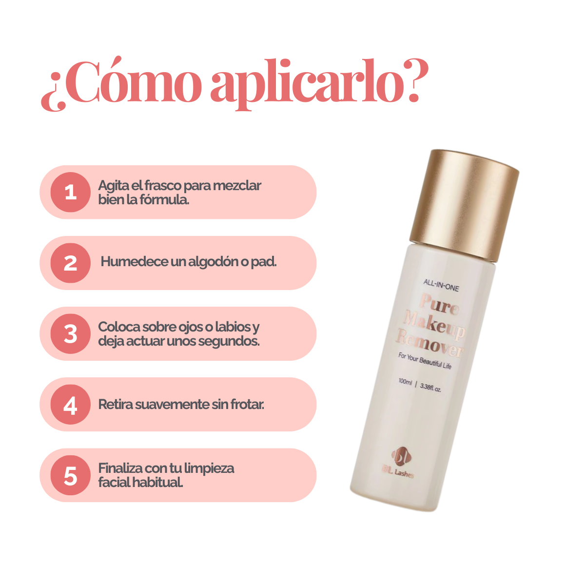 Botella de 100 ml de Pure Clear Lip & Eye Makeup Remover BL Lashes, envase transparente con etiqueta, sobre fondo blanco, concepto desmaquillante oil‑free seguro para extensiones