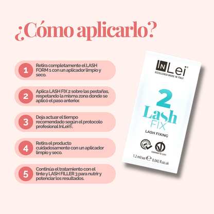 InLei Lash Fix 2 Paso 2 Lash Filler 25.9 en presentación profesional de 9 sachets de 1.2 ml, solución fijadora y neutralizante para procedimientos profesionales de lash lifting y laminación de pestañas, diseñada para lashistas, técnicos y estudios de belleza.