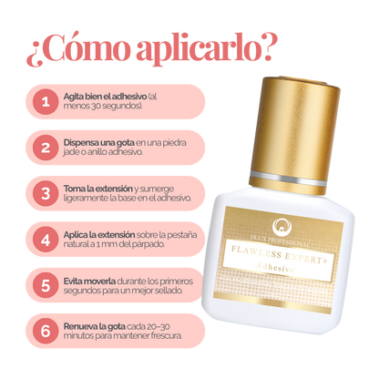 Adhesivo Flawless Ultra+ DLUX profesional secado‑rápido 1 seg retención 8‑9 semanas