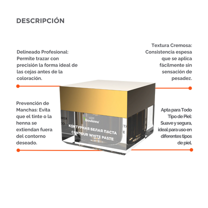 Envase de pasta blanca BrowXenna Contour White Paste 10 g, pasta cremosa para definir contornos de cejas y lograr simetría y precisión en tratamientos profesionales de coloración y laminación