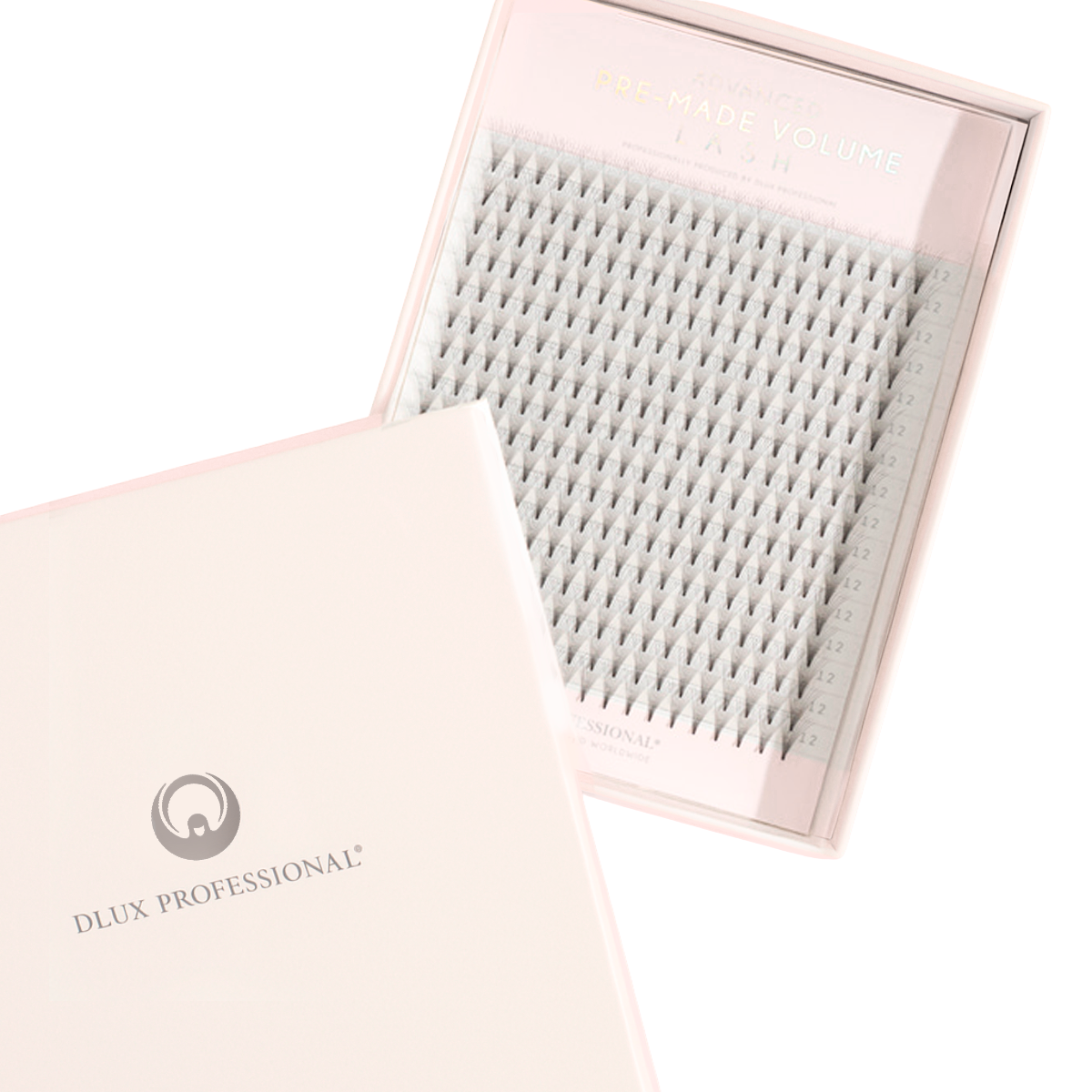 Abanicos premade ADVANCE PRE MADE VOLUME DLUX Professional presentados sobre fondo neutro, mostrando apertura uniforme, base fina y fibra ultra ligera, diseñados para técnicos de pestañas profesionales y estudios de belleza especializados.