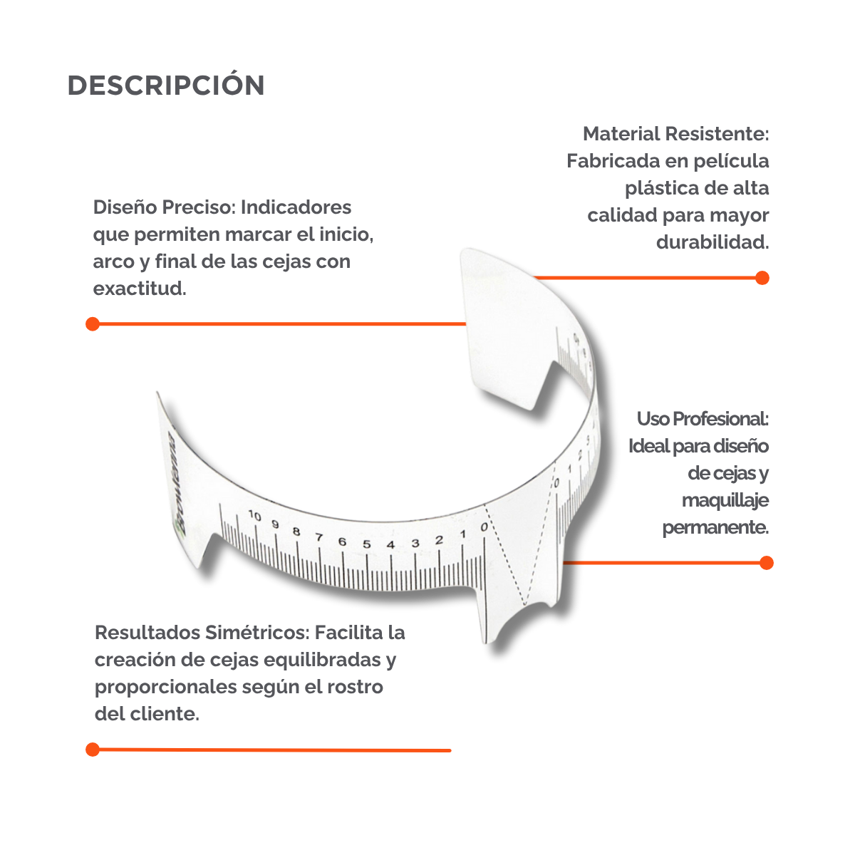 Regla para cejas con indicador, flexible y transparente, doble escala centrada para simetría profesional en diseño de cejas.