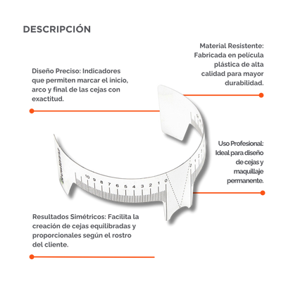 Regla para cejas con indicador, flexible y transparente, doble escala centrada para simetría profesional en diseño de cejas.