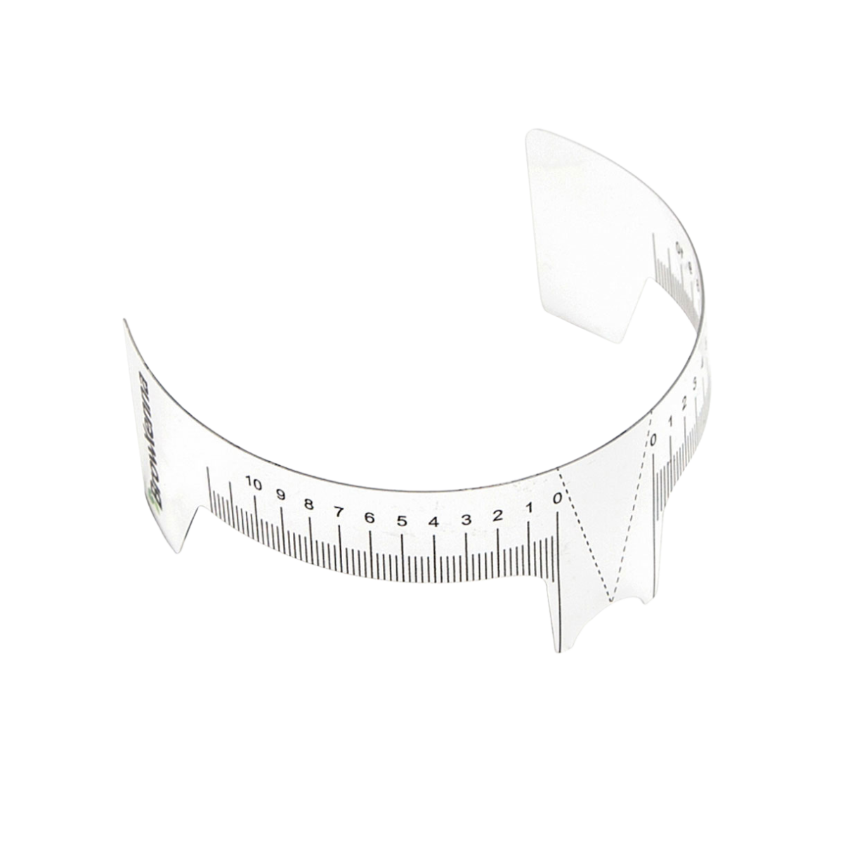 Regla para cejas con indicador, flexible y transparente, doble escala centrada para simetría profesional en diseño de cejas.