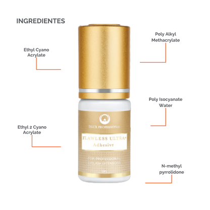 Adhesivo Flawless Ultra+ DLUX profesional secado‑rápido 1 seg retención 8‑9 semanas