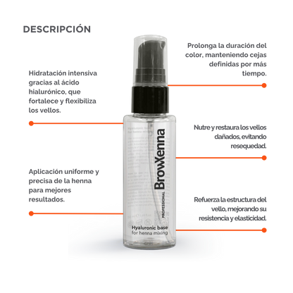 Envase de BrowXenna Hyaluronic Base 50 ml en gel, ideal para mezclar con henna profesional y lograr una aplicación uniforme, hidratante y de larga duración en tratamientos de cejas.