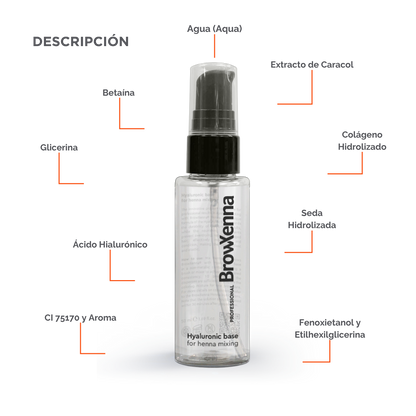 Envase de BrowXenna Hyaluronic Base 50 ml en gel, ideal para mezclar con henna profesional y lograr una aplicación uniforme, hidratante y de larga duración en tratamientos de cejas.
