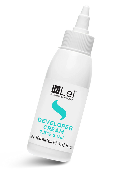 Botella de 100 ml de InLei Developer Cream 1.5 % 5 VOL, activador en crema para tintes de cejas y pestañas, hecho en Italia, envase elegante