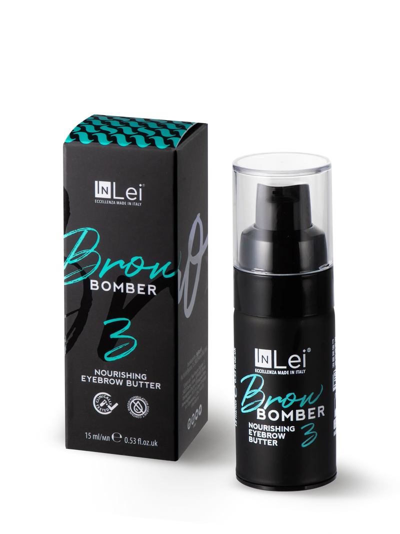 InLei® Brow Bomber 3, tratamiento nutritivo profesional para laminado de cejas, presentado en envase blanco con detalles dorados, ideal para técnicos de belleza especializados en cejas.