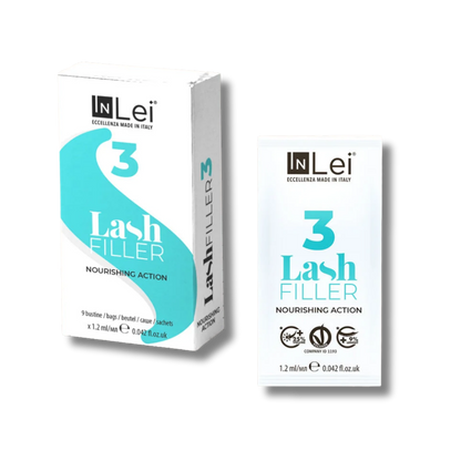 InLei Lash Filler 3 Paso 3 del sistema Lash Filler 25.9 en presentación de 9 sachets de 1.2 ml, tratamiento profesional con queratina vegetal para nutrir, rellenar y acondicionar pestañas durante protocolos profesionales de lash lifting y laminación.