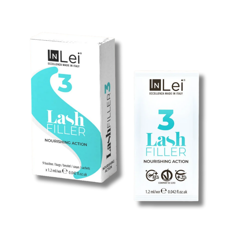 InLei Lash Filler 3 Paso 3 del sistema Lash Filler 25.9 en presentación de 9 sachets de 1.2 ml, tratamiento profesional con queratina vegetal para nutrir, rellenar y acondicionar pestañas durante protocolos profesionales de lash lifting y laminación.