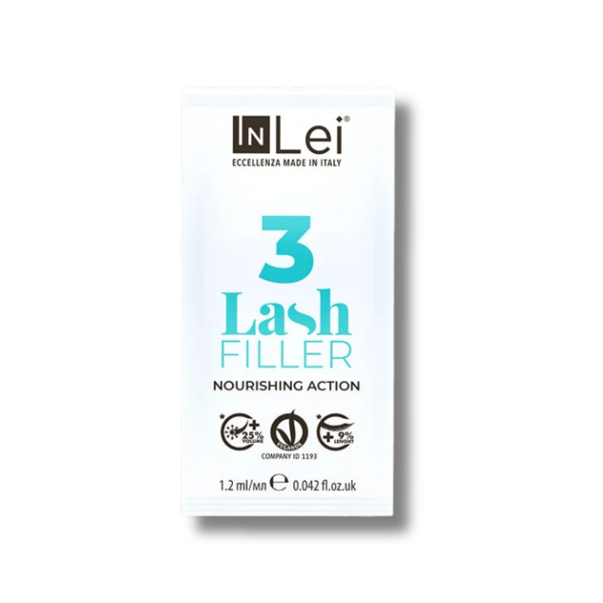 InLei Lash Filler 3 Paso 3 del sistema Lash Filler 25.9 en presentación de 9 sachets de 1.2 ml, tratamiento profesional con queratina vegetal para nutrir, rellenar y acondicionar pestañas durante protocolos profesionales de lash lifting y laminación.