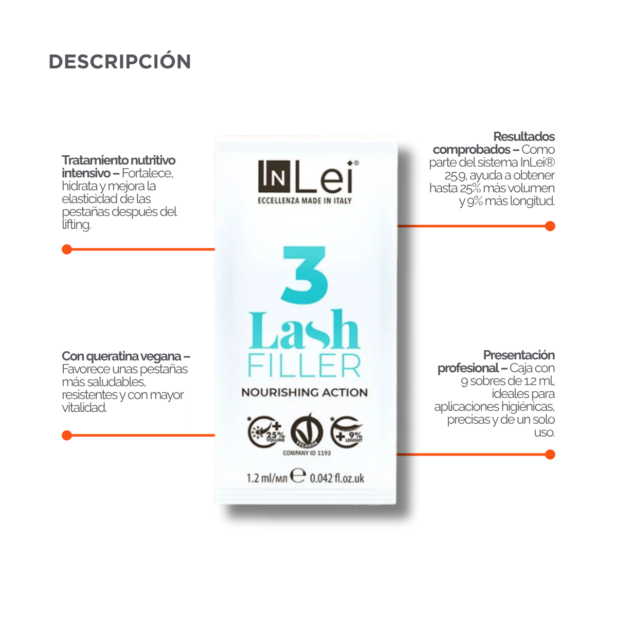 InLei Lash Filler 3 Paso 3 del sistema Lash Filler 25.9 en presentación de 9 sachets de 1.2 ml, tratamiento profesional con queratina vegetal para nutrir, rellenar y acondicionar pestañas durante protocolos profesionales de lash lifting y laminación.