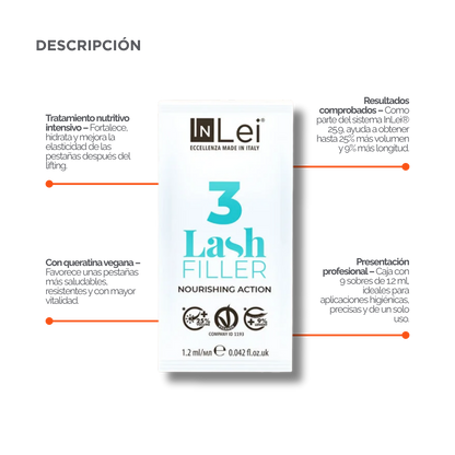 InLei Lash Filler 3 Paso 3 del sistema Lash Filler 25.9 en presentación de 9 sachets de 1.2 ml, tratamiento profesional con queratina vegetal para nutrir, rellenar y acondicionar pestañas durante protocolos profesionales de lash lifting y laminación.