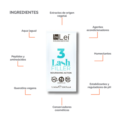 InLei Lash Filler 3 Paso 3 del sistema Lash Filler 25.9 en presentación de 9 sachets de 1.2 ml, tratamiento profesional con queratina vegetal para nutrir, rellenar y acondicionar pestañas durante protocolos profesionales de lash lifting y laminación.