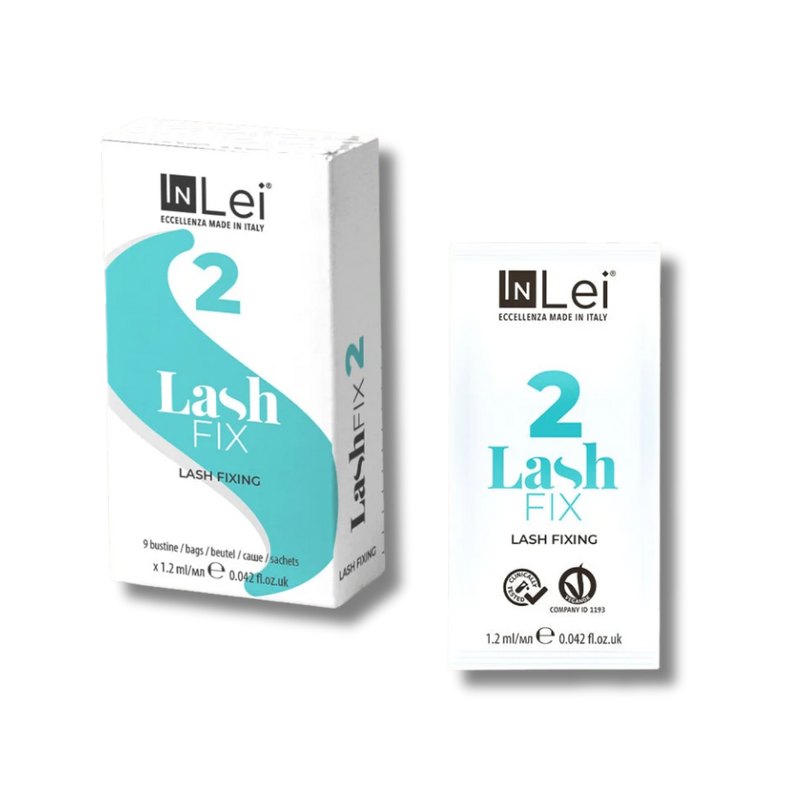 InLei Lash Fix 2 Paso 2 Lash Filler 25.9 en presentación profesional de 9 sachets de 1.2 ml, solución fijadora y neutralizante para procedimientos profesionales de lash lifting y laminación de pestañas, diseñada para lashistas, técnicos y estudios de belleza.