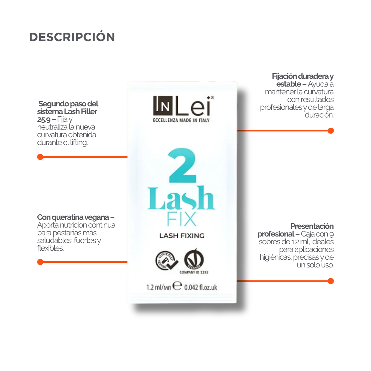 InLei Lash Fix 2 Paso 2 Lash Filler 25.9 en presentación profesional de 9 sachets de 1.2 ml, solución fijadora y neutralizante para procedimientos profesionales de lash lifting y laminación de pestañas, diseñada para lashistas, técnicos y estudios de belleza.