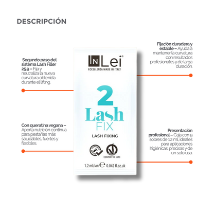 InLei Lash Fix 2 Paso 2 Lash Filler 25.9 en presentación profesional de 9 sachets de 1.2 ml, solución fijadora y neutralizante para procedimientos profesionales de lash lifting y laminación de pestañas, diseñada para lashistas, técnicos y estudios de belleza.