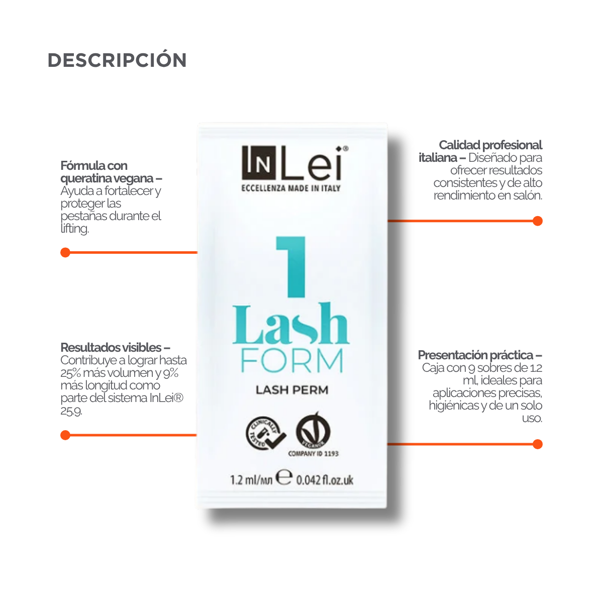InLei Lash Form 1 Paso 1 Lash Filler 25.9 en presentación profesional de 9 sachets de 1.2 ml para lifting y laminación de pestañas, fórmula Vegan OK Made in Italy diseñada para técnicos, lashistas y estudios profesionales de belleza.