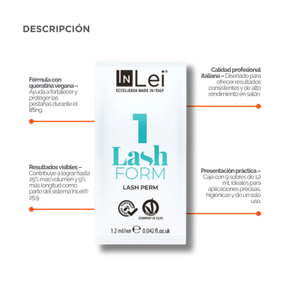 InLei Lash Form 1 Paso 1 Lash Filler 25.9 en presentación profesional de 9 sachets de 1.2 ml para lifting y laminación de pestañas, fórmula Vegan OK Made in Italy diseñada para técnicos, lashistas y estudios profesionales de belleza.